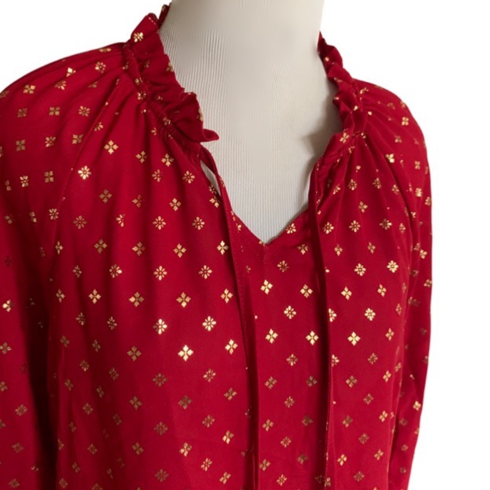 NWT Red Foil Ruffle Relaxed Fit Smocked Peasant Edwardian Holiday Blouse Sz Med - Picture 11 of 14